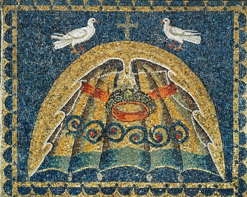 περιστέρια_πουλιά_Umbraculum or bower in form of a shell with doves as a sign of peace.<br /> Mosaic; 6th century CE